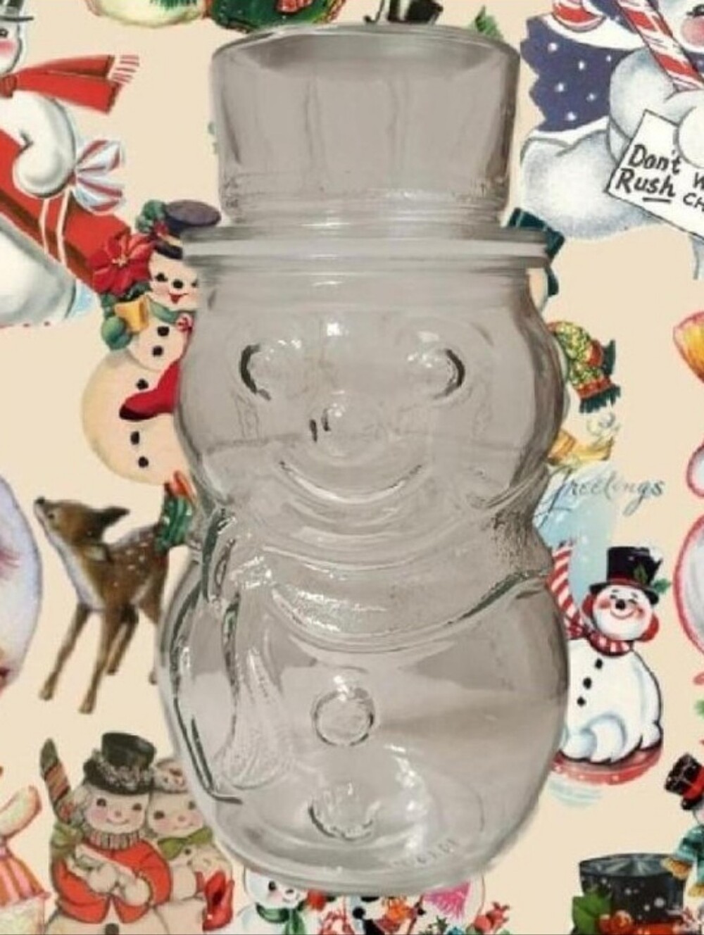 Vintage 70s 80s Libbey Clear Glass Snowman Candy Jar With Lidded Top Hat